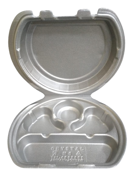 4-compartment white foam round takeout container with perforated hinged lid